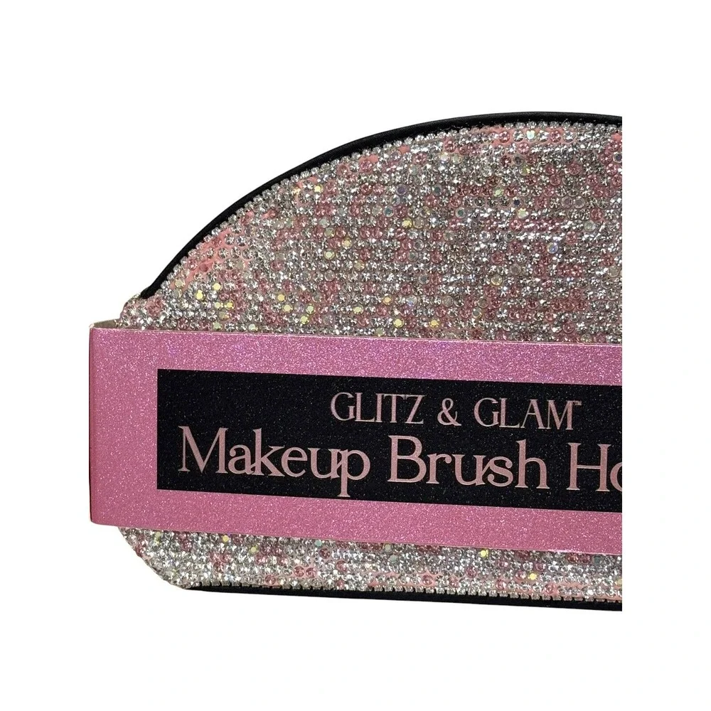 Glitz & Glam Pink Rhinestone Makeup Brush Holder Powder Spinge W/Case 2pc Bundle